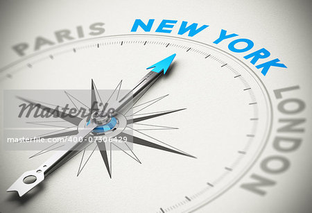 Needle of a compass pointing the word New York with blur effect and paper background