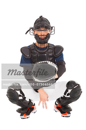 baseball player , catcher showing secret  signal gesture