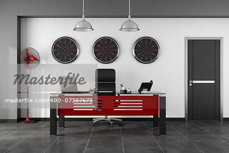 Red and black modern office with desk,chair, fan and closed door - rendering