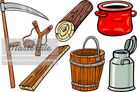 Cartoon Illustration of Country Retro and Obsolete Objects Clip Art Set