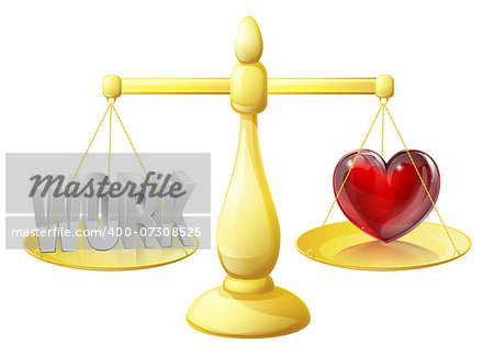 Relationship or career scales concept of work on one side and a heart representing love on the other, could also be about work life balance.