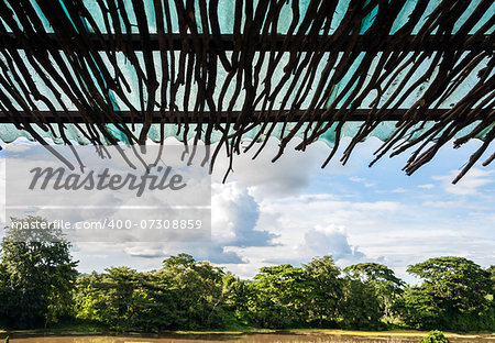 Tropical view from wooden eaves of small cottage.