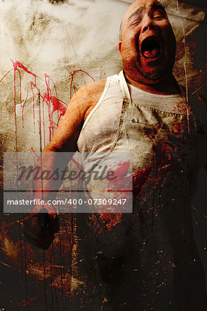 Crazy insane butcher covered with blood.  Heavily filtered photo merged with old paper backgrounds..