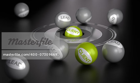 Many spheres over black background  with target in the center on green ball in the center. Marketing concept image, converting leads into client or customers.