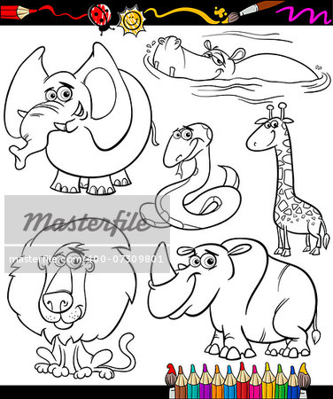 Coloring Book or Page Cartoon Illustration Set of Black and White Wild Animals Characters for Children Coloring Book or Page Cartoon Illustration Set of Black and White Wild Animals Characters for Children