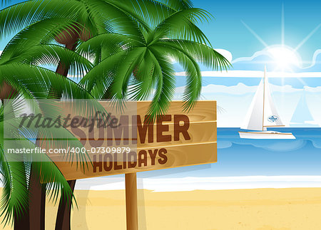 Summer design. Palms with the sea and wooden board