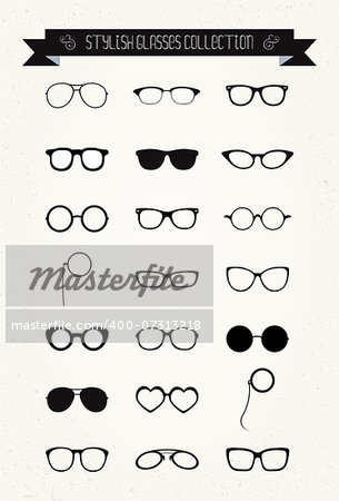 Hipster Retro Vintage Glasses Icon Set, Illustartion, Black