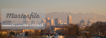 Salt Lake City with the Wasatch Mountain Range showing through the pollution