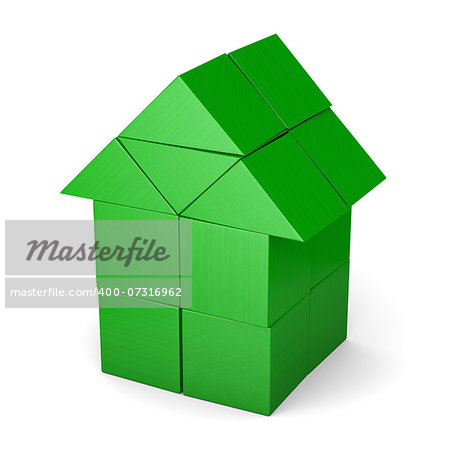 Green house made of wooden cubes isolated on white background