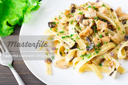 Pasta with chicken and mushroom on a plate