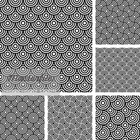 Seamless patterns set. Textures in op art design with circle elements. Vector art.
