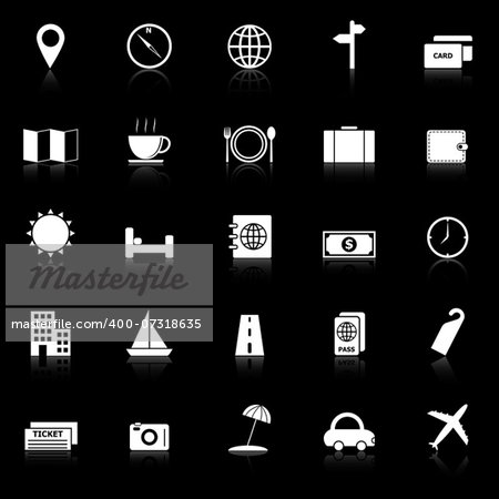 Travel icons with reflect on black background, stock vector