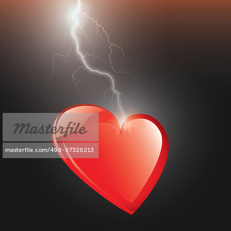 Red heart hit by lightning isolated against a black background