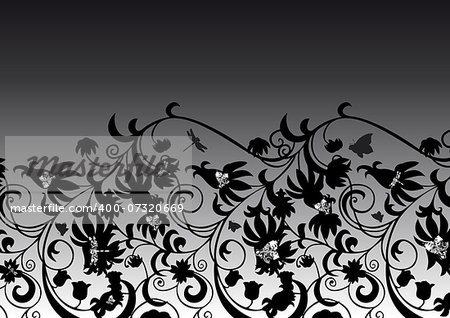 Illustration of abstract black floral ornament with butterflies and dragonflies