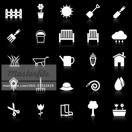 Gardening icons with reflect on black background, stock vector