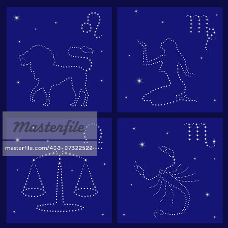 Four Zodiac signs on the starry sky vector illustration: Leo, Virgo, Libra, Scorpio