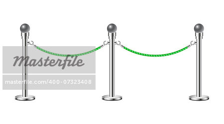 Stand rope barriers in silver design with green rope on white background