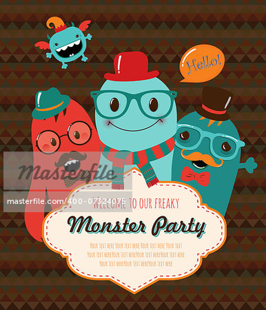 Monster Retro Party Invitation Card Design. Vector Illustration