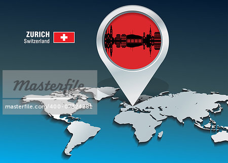 Map pin with Zurich skyline - vector illustration