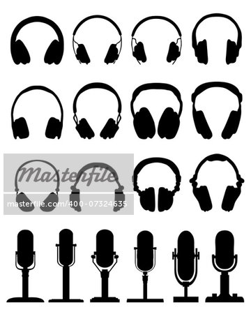 Black silhouettes of headphones and microphones, vector