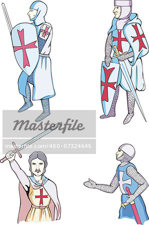 Set of medieval crusader knights with swords. Vector illustration.