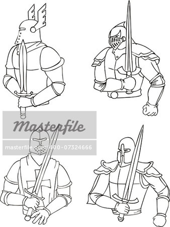 Set of medieval knights with swords. Outline vector illustrations.