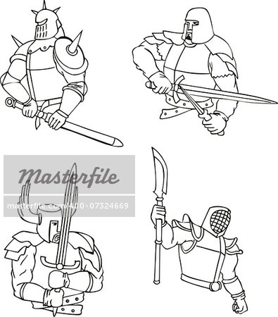 Set of medieval knights with swords. Outline vector illustrations.