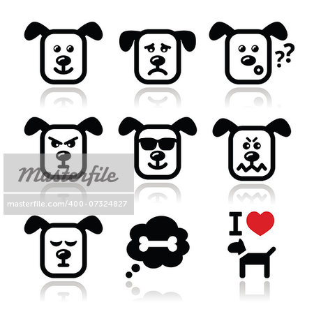 Vector icons set of cute dog charater expressing anger, happiness