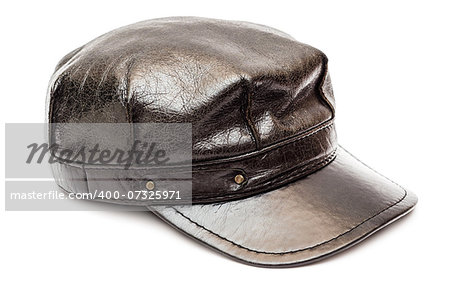 Black leather hat isolated on white background.