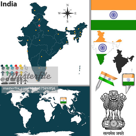 Vector map of India with regions, coat of arms and location on world map