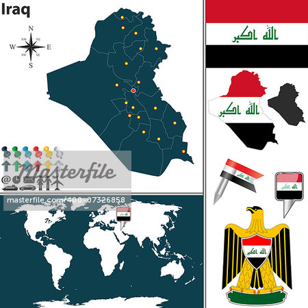 Vector map of Iraq with regions, coat of arms and location on world map Vector map of Iraq with regions, coat of arms and location on world map