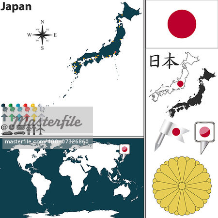 Vector map of Japan with regions, coat of arms and location on world map Vector map of Japan with regions, coat of arms and location on world map