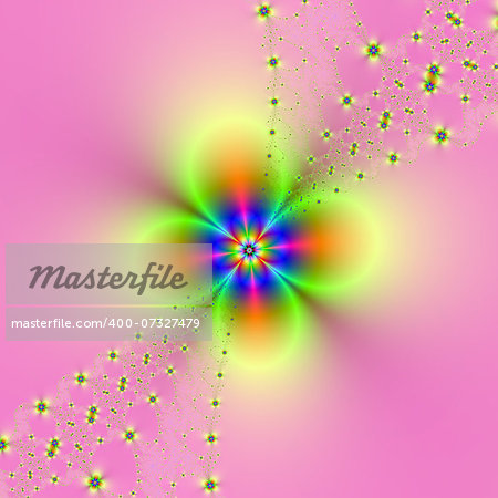 Digital abstract fractal image with sprays of flowers design on a pink background.