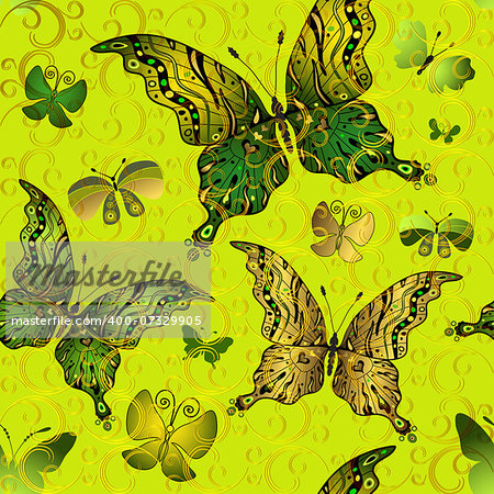 Seamless vivid vintage pattern with green and gold butterflies (vector eps 10)