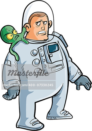 Cartoon astronaut with alien on his shoulder. Isolated on white