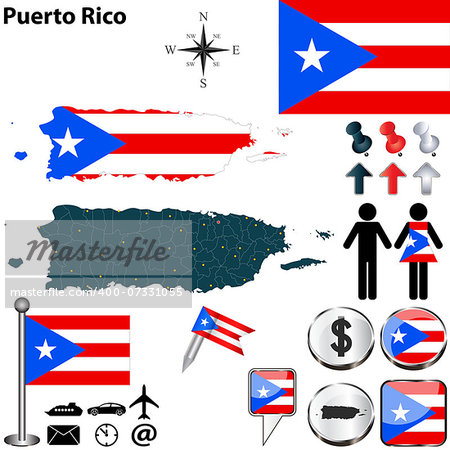 Vector of Puerto Rico set with detailed country shape with region borders, flags and icons