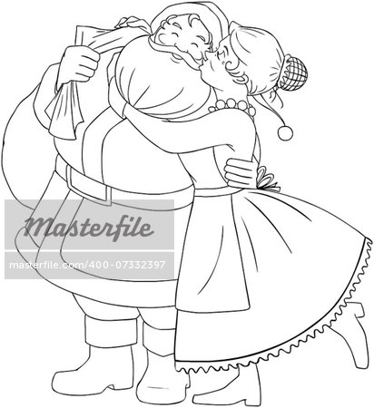 Vector illustration coloring page of Mrs Claus kisses Santa on cheek and hugs him for christmas.