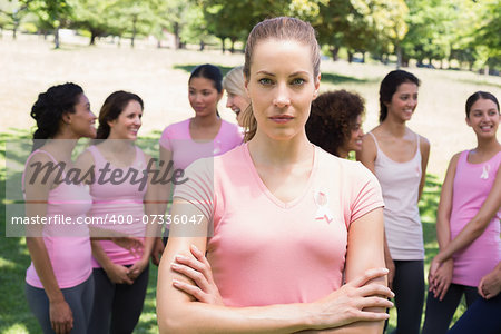 Portrait of confident female volunteer at breast cancer campaign in park