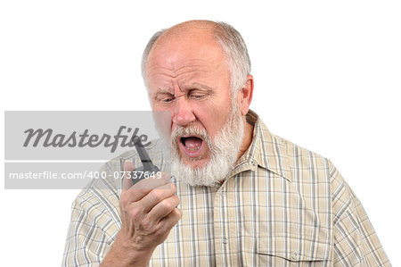 senior bald man talking using walkie-talkie, with mouth open