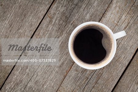 Coffee cup on wooden table. View from above