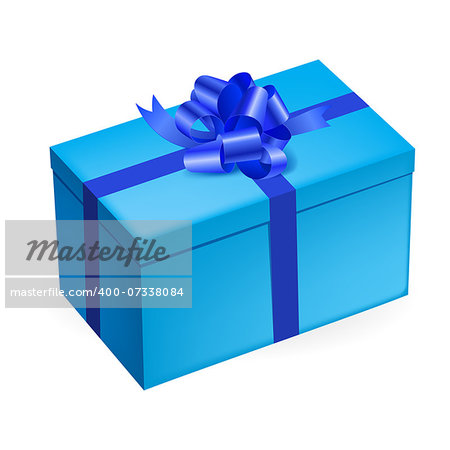 Rectangular light blue gift box with shiny dark blue bow on white background