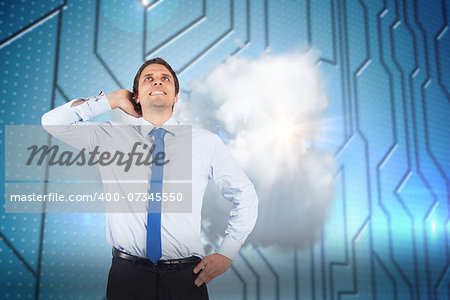 Thinking businessman scratching head against circuit board on futuristic background