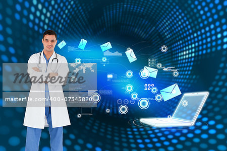 Doctor standing up with arms crossed against futuristic dotted blue and black background