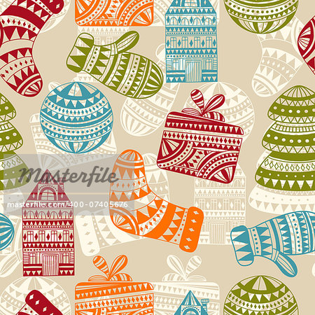 vector holiday  winter pattern with houses, socks, mittens,  and fir trees, seamless pattern in swatch menu