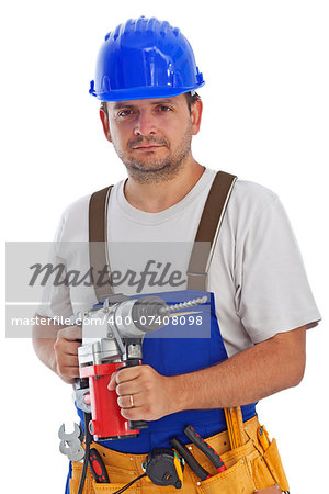 Worker holding power drill - isolated