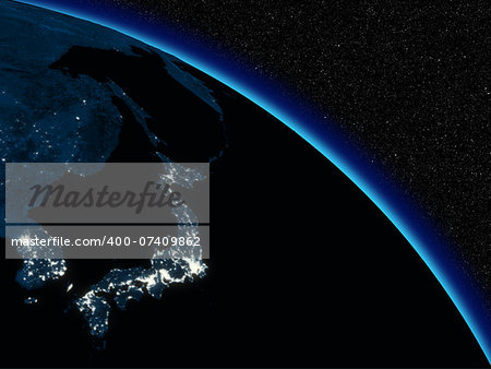 Japanese islands at night on planet Earth viewed from space. Highly detailed planet surface with city lights. Elements of this image furnished by NASA.