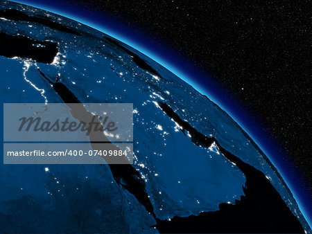 Arabian peninsula at night on planet Earth viewed from space. Highly detailed planet surface with city lights. Elements of this image furnished by NASA.