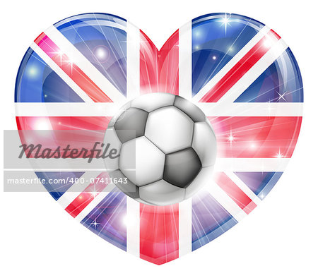 Britain soccer football ball flag love heart concept with the British flag in a heart shape and a soccer ball flying out