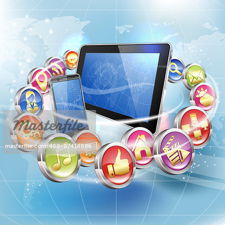 Business Concepts with Smartphone, Tablet PC and Application Icons on Abstract Background