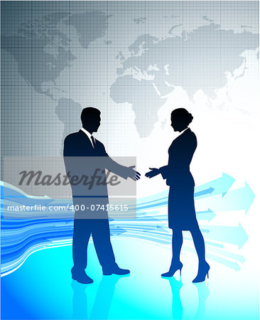 Businessman and Businesswoman on World Map Background Original Vector Illustration